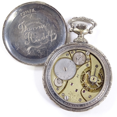 425 - An Art Nouveau silver plated open-face top-wind pocket watch, by Thomas Russell & Son of Liverpool, ... 