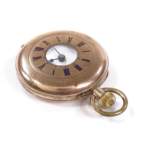 426 - A 9ct rose gold half hunter side-wind pocket watch, white enamel dial with Roman numeral hour marker... 