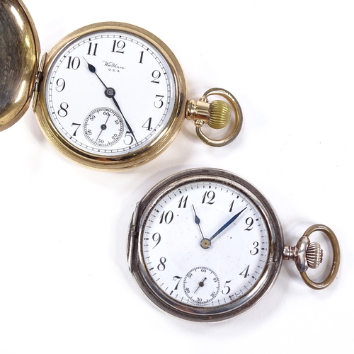 430 - 2 pocket watches, comprising gold plated full hunter Waltham, working order, and a silver-cased Remo... 