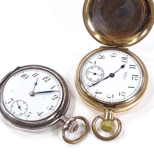 430 - 2 pocket watches, comprising gold plated full hunter Waltham, working order, and a silver-cased Remo... 