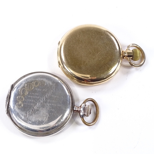 430 - 2 pocket watches, comprising gold plated full hunter Waltham, working order, and a silver-cased Remo... 