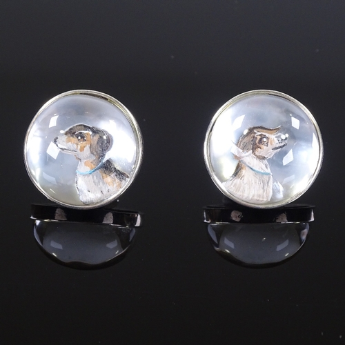 453 - A pair of Essex Crystal sterling silver dog cufflinks, high-domed crystal, panel diameter 19.8mm, 16... 