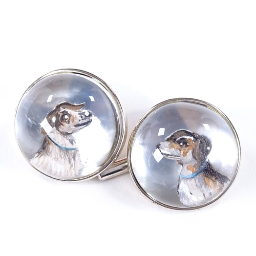 453 - A pair of Essex Crystal sterling silver dog cufflinks, high-domed crystal, panel diameter 19.8mm, 16... 