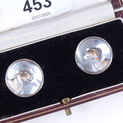 453 - A pair of Essex Crystal sterling silver dog cufflinks, high-domed crystal, panel diameter 19.8mm, 16... 