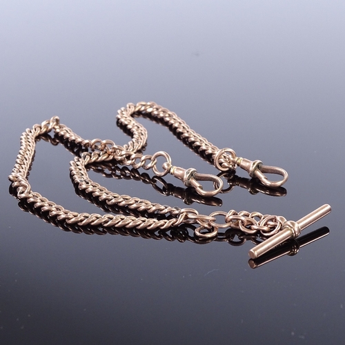 463 - A 9ct rose gold curb link Albert chain, with 2 dog clips and a T-Bar, chain length 46cm, 18.1g