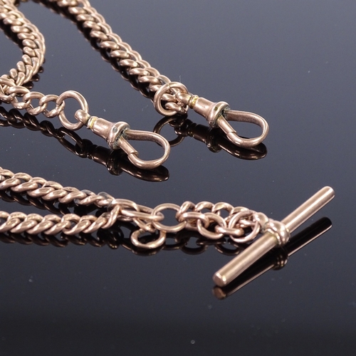 463 - A 9ct rose gold curb link Albert chain, with 2 dog clips and a T-Bar, chain length 46cm, 18.1g