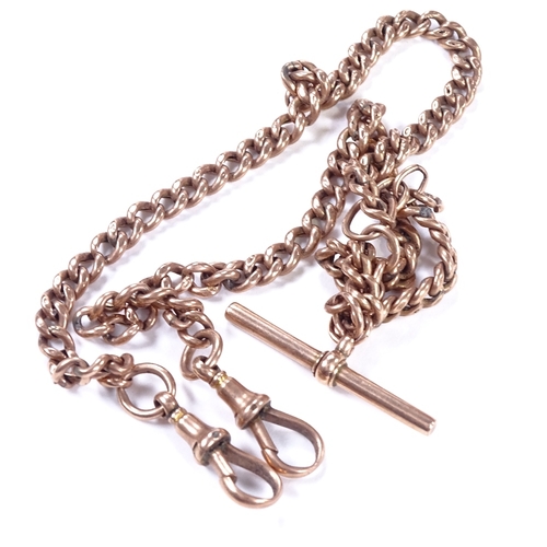 463 - A 9ct rose gold curb link Albert chain, with 2 dog clips and a T-Bar, chain length 46cm, 18.1g