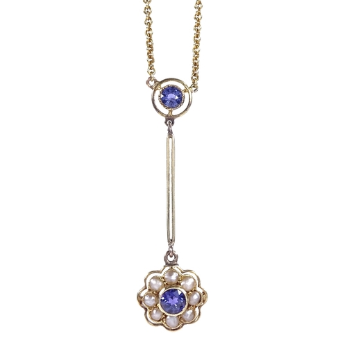 464 - An Edwardian 15ct gold natural colour change spinel and split-pearl cluster drop necklace, openwork ... 