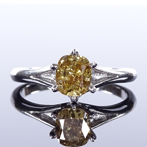 467 - A platinum 1.12ct natural fancy deep brownish yellow solitaire diamond ring, cushion modified brilli... 