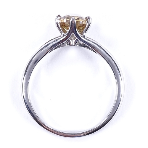 467 - A platinum 1.12ct natural fancy deep brownish yellow solitaire diamond ring, cushion modified brilli... 