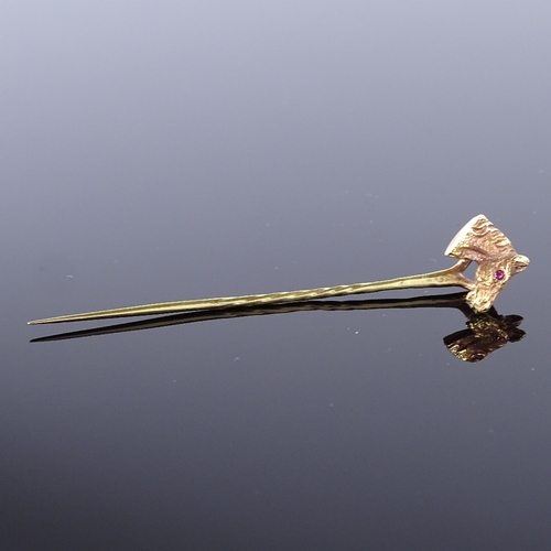 471 - A 9ct gold ruby figural horsehead stick pin, maker's marks C and F, hallmarks London 1977, overall l... 