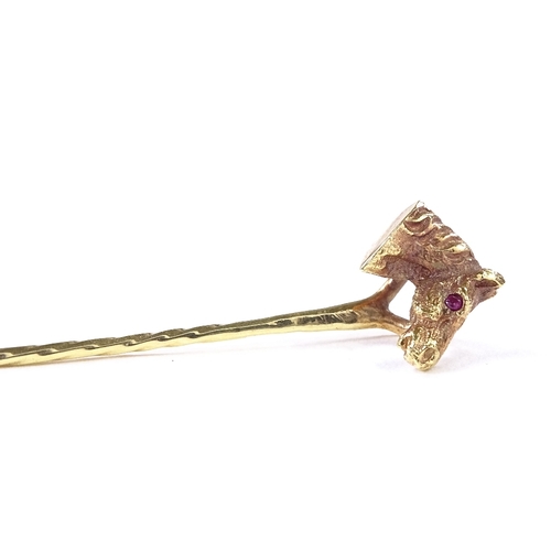 471 - A 9ct gold ruby figural horsehead stick pin, maker's marks C and F, hallmarks London 1977, overall l... 