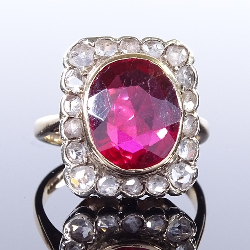 472 - A 9ct gold ruby and rose-cut diamond cluster panel ring, openwork bridge, maker's marks CR, hallmark... 