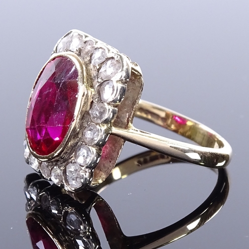 472 - A 9ct gold ruby and rose-cut diamond cluster panel ring, openwork bridge, maker's marks CR, hallmark... 