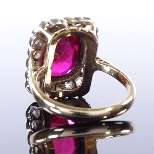 472 - A 9ct gold ruby and rose-cut diamond cluster panel ring, openwork bridge, maker's marks CR, hallmark... 