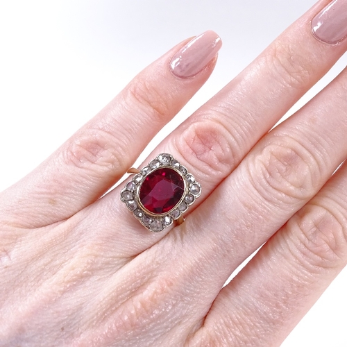 472 - A 9ct gold ruby and rose-cut diamond cluster panel ring, openwork bridge, maker's marks CR, hallmark... 