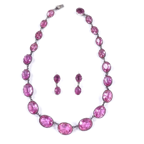 479 - A Georgian unmarked silver pink paste riviere necklace, largest panel length 17.5mm, necklace length... 