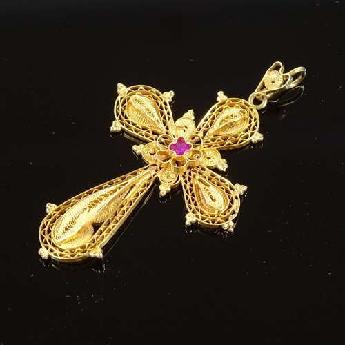 485 - An 18ct gold filigree ruby crucifix/cross pendant, height excluding bale 44.3mm, 5.3g