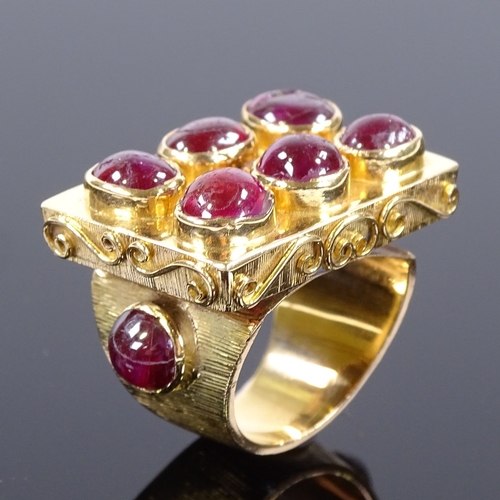 486 - An Eastern unmarked gold cabochon ruby cluster panel ring, scrollwork border and ribbed cabochon rub... 