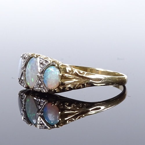 491 - A 9ct gold 7-stone opal and diamond half-hoop ring, scroll engraved bridge and shoulders, setting he... 