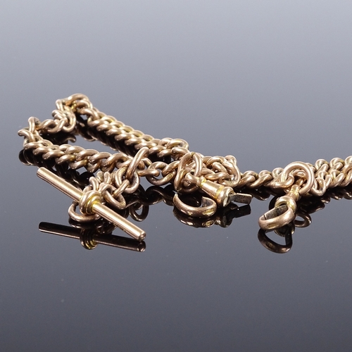 493 - A 9ct rose gold curb link Albert chain, with 2 dog clips and a suspended T-bar, chain length 36cm, 4... 