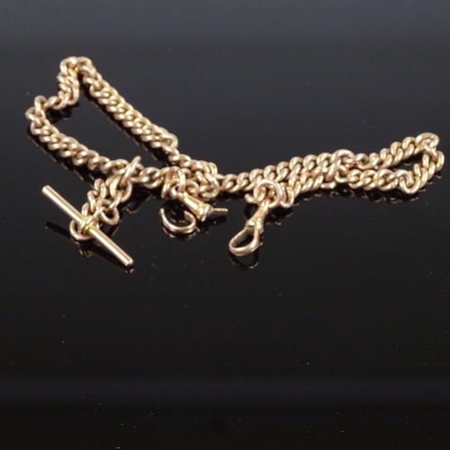 493 - A 9ct rose gold curb link Albert chain, with 2 dog clips and a suspended T-bar, chain length 36cm, 4... 