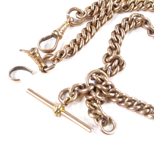 493 - A 9ct rose gold curb link Albert chain, with 2 dog clips and a suspended T-bar, chain length 36cm, 4... 