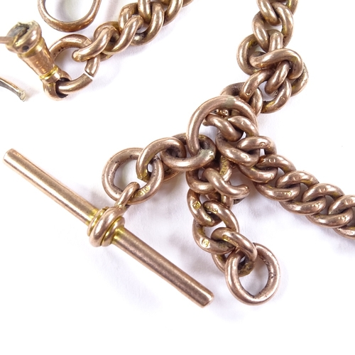 493 - A 9ct rose gold curb link Albert chain, with 2 dog clips and a suspended T-bar, chain length 36cm, 4... 