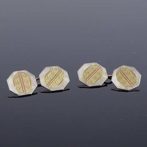 504 - A pair of 9ct tri-colour gold octagonal panel cufflinks, engine turned decoration, possibly by The A... 