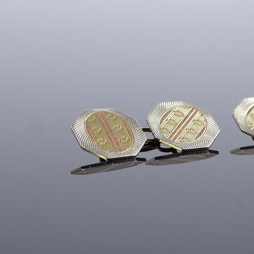 504 - A pair of 9ct tri-colour gold octagonal panel cufflinks, engine turned decoration, possibly by The A... 