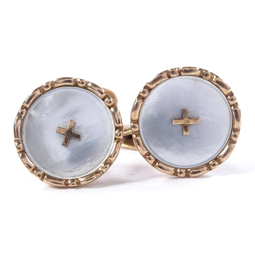 505 - A pair of Hugo Grun Danish unmarked gold and mother-of-pearl cufflinks, button panel design, maker's... 