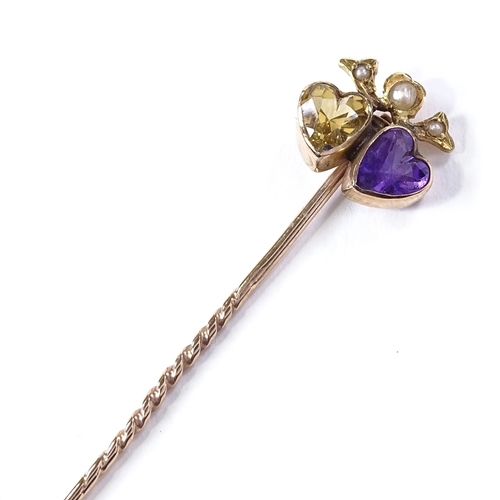 506 - An unmarked gold amethyst citrine and split-pearl double-heart stick pin, overall length 54.1mm, 1.2... 