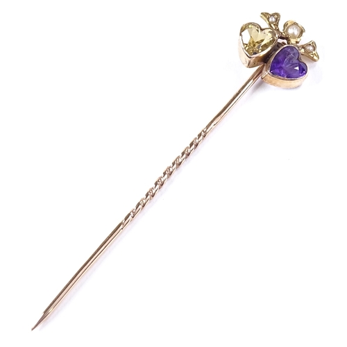 506 - An unmarked gold amethyst citrine and split-pearl double-heart stick pin, overall length 54.1mm, 1.2... 