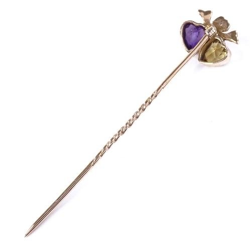 506 - An unmarked gold amethyst citrine and split-pearl double-heart stick pin, overall length 54.1mm, 1.2... 