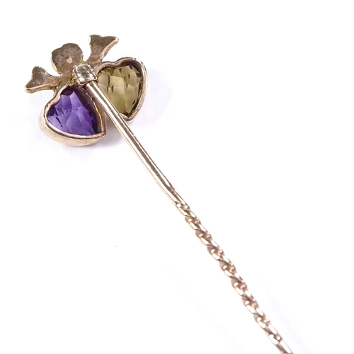 506 - An unmarked gold amethyst citrine and split-pearl double-heart stick pin, overall length 54.1mm, 1.2... 