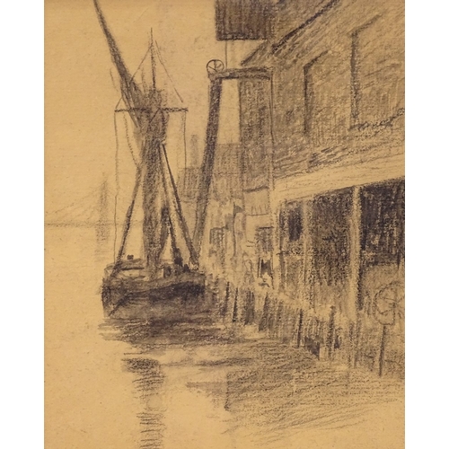 1004 - Walter Greaves, crayon and wash on brown paper, sail barges - Lindsey Wharf, 7