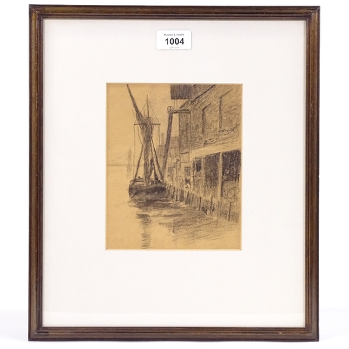 1004 - Walter Greaves, crayon and wash on brown paper, sail barges - Lindsey Wharf, 7