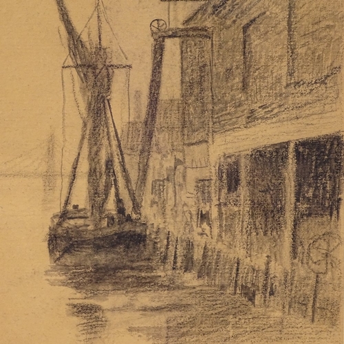 1004 - Walter Greaves, crayon and wash on brown paper, sail barges - Lindsey Wharf, 7