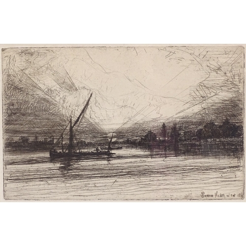 1005 - Francis Seymour Haden, etching, barges on a river, signed in the plate, plate size 5.5