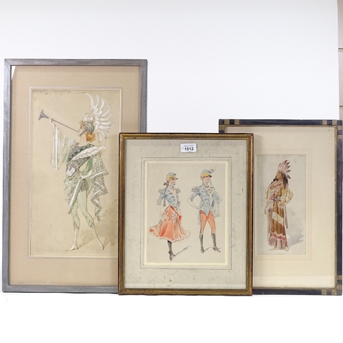 1012 - 3 original watercolour theatrical costume designs, circa 1900, all unsigned, largest 16