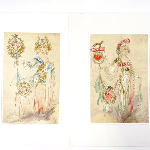 1013 - Minon, pair of original watercolour theatrical costume designs, circa 1900, signed, 12.5