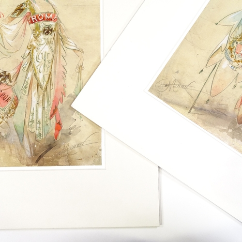 1013 - Minon, pair of original watercolour theatrical costume designs, circa 1900, signed, 12.5