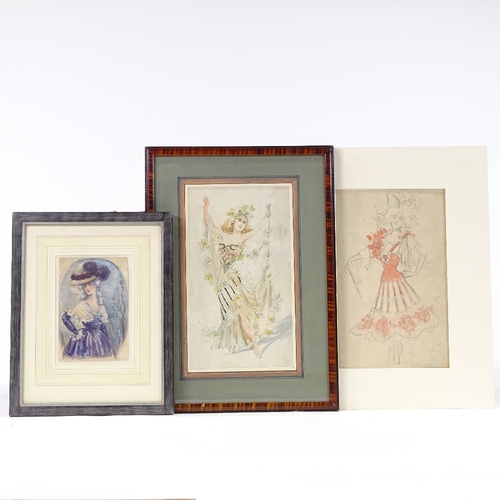 1014 - A group of original watercolour theatrical costume designs, circa 1900, all unsigned, largest 14