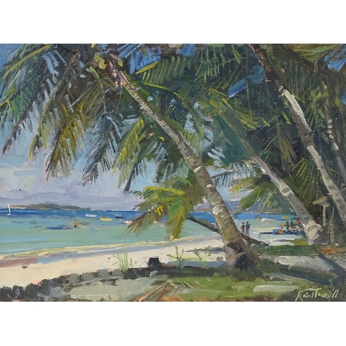 1032 - Karl Terry, oil on board, beach life Seychelles, signed, 12