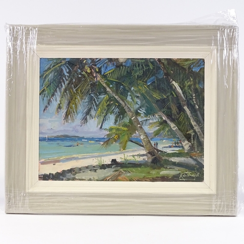 1032 - Karl Terry, oil on board, beach life Seychelles, signed, 12