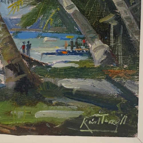 1032 - Karl Terry, oil on board, beach life Seychelles, signed, 12