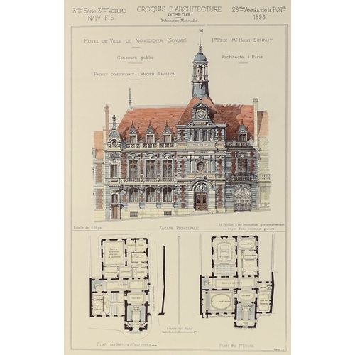 1034 - 2 French architectural prints, hotel designs, plate size 21