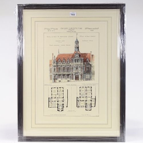 1034 - 2 French architectural prints, hotel designs, plate size 21