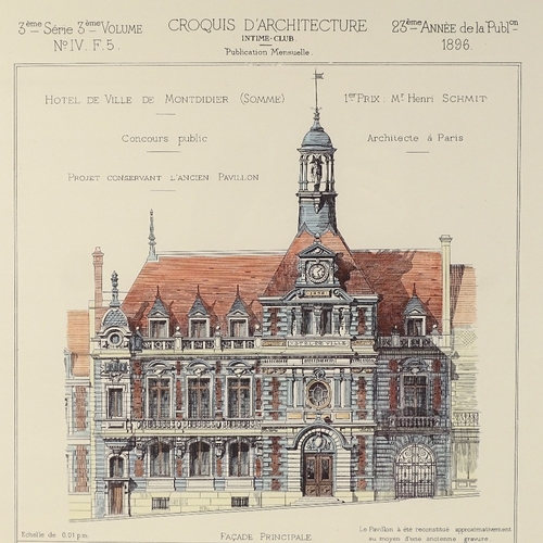 1034 - 2 French architectural prints, hotel designs, plate size 21