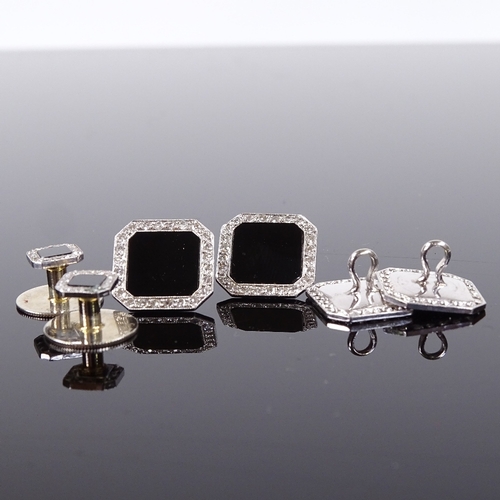 454 - An Art Deco unmarked white metal onyx and diamond dress set, comprising a pair of cufflinks, a pair ... 